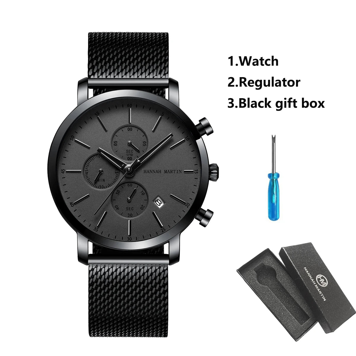 HANNAH MARTIN Brand Men Watch Black Stainless Steel Waterproof Fashion Sports Multifunctional Quartz Wristatch Relogio Masculino