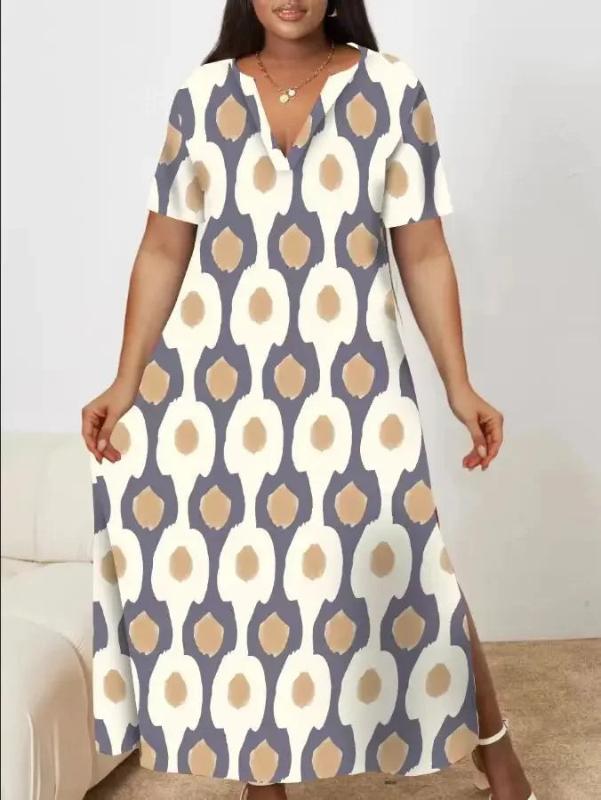 Plus Size 2023 Nova Estação Independente Moda Impressão Exclusiva Vestido Longo com Decote em V Transfronteiriça Europeu Americano Outono Wi...