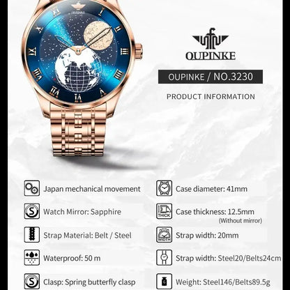 OUPINKE 3230 Men's Fully Automatic Mechanical Watch High Quality CITIZEN Movement Watch 3D Earth Starry Sky Business Men's Watch