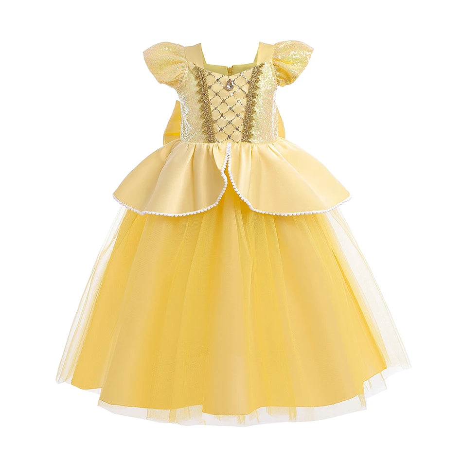 Children Princess Costume Kids Halloween Carnival Beauty Beast Birthday Party Clothes Girl Yellow Belle Cosplay Dress Up