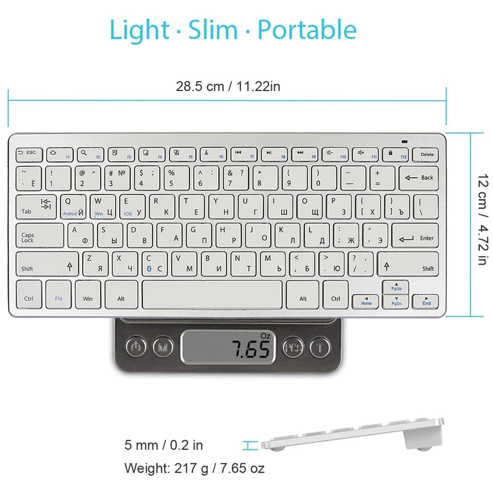 Bluetooth Keyboard Mini Ultra Thin Portable Wireless Keyboard Spanish Russian Layout for Tablet/iPad/Laptop/Phone