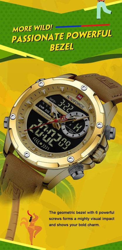 NAVIFORCE Luxury Original Watches For Men Casual Sport Chronograph Alarm Quartz WristWatch Leather Waterproof Digital Clock 9163