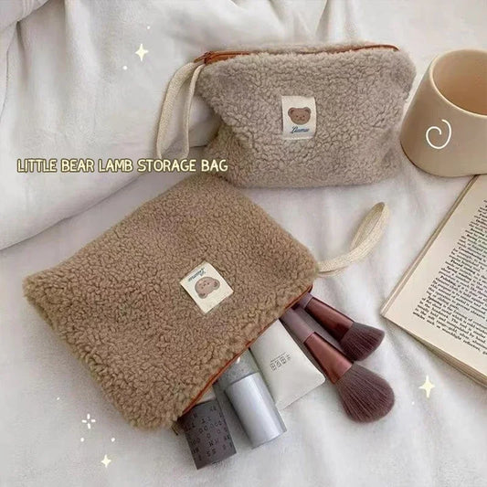 Bonita bolsa de almacenamiento de peluche para mujer, gran capacidad, para viajes, cosméticos, pintalabios, maquillaje, bolsos, organizador, cartera, estuche, monedero. 