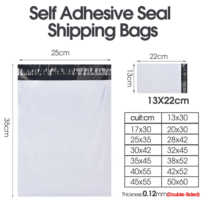 Saco de correio branco para embalagem, selo auto-adesivo Express Bag, organizador impermeável, bolsa de correio, branco, 0.12mm grosso, 10 Pcs