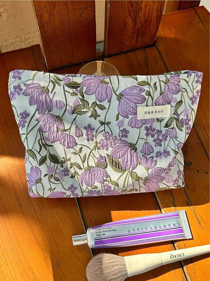 Saco de maquiagem tecido colorido para estudantes, uma menina segurando uma flor de Taro, artigos de higiene pessoal, sacos de armazenamento