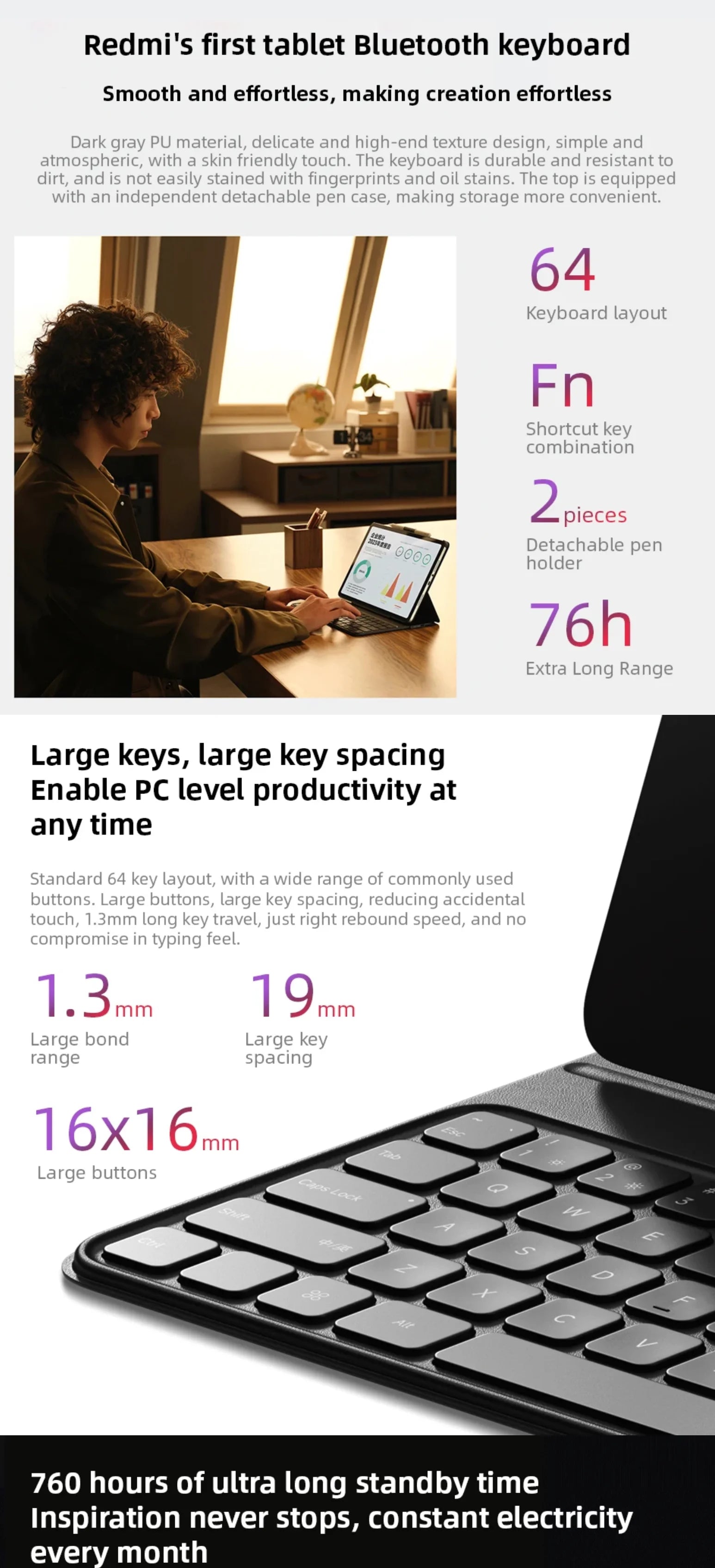 Original Redmi Pad Pro Keyboard Case For Redmi Pad Pro 12.1" Bluetooth 64-key 760H Ultra Long Standby Time Protective Cases