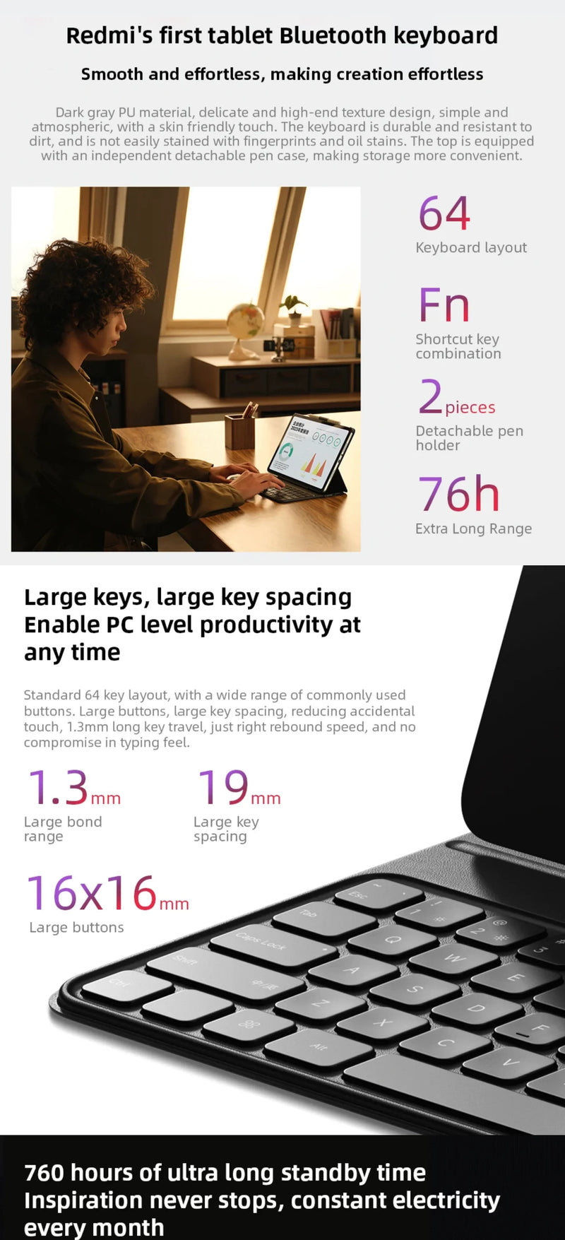 Original Redmi Pad Pro Keyboard Case For Redmi Pad Pro 12.1" Bluetooth 64-key 760H Ultra Long Standby Time Protective Cases