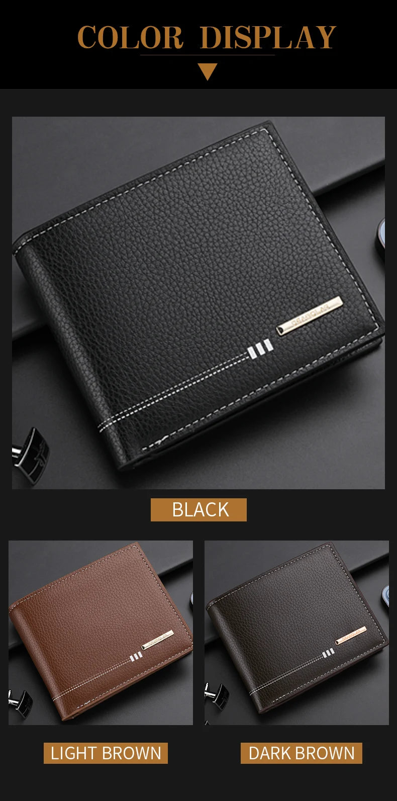 Nueva cartera para hombre, tarjetero, monedero con cremallera, cartera corta de negocios con estampado de lichi de alta calidad.