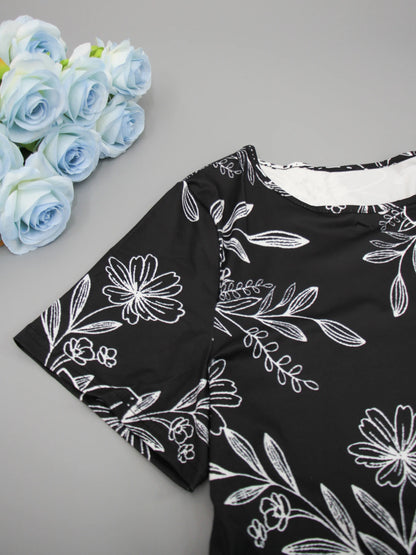Vestido feminino plus size de manga curta com gola redonda, saia longa estampada floral, saia casual de praia, bainha grande