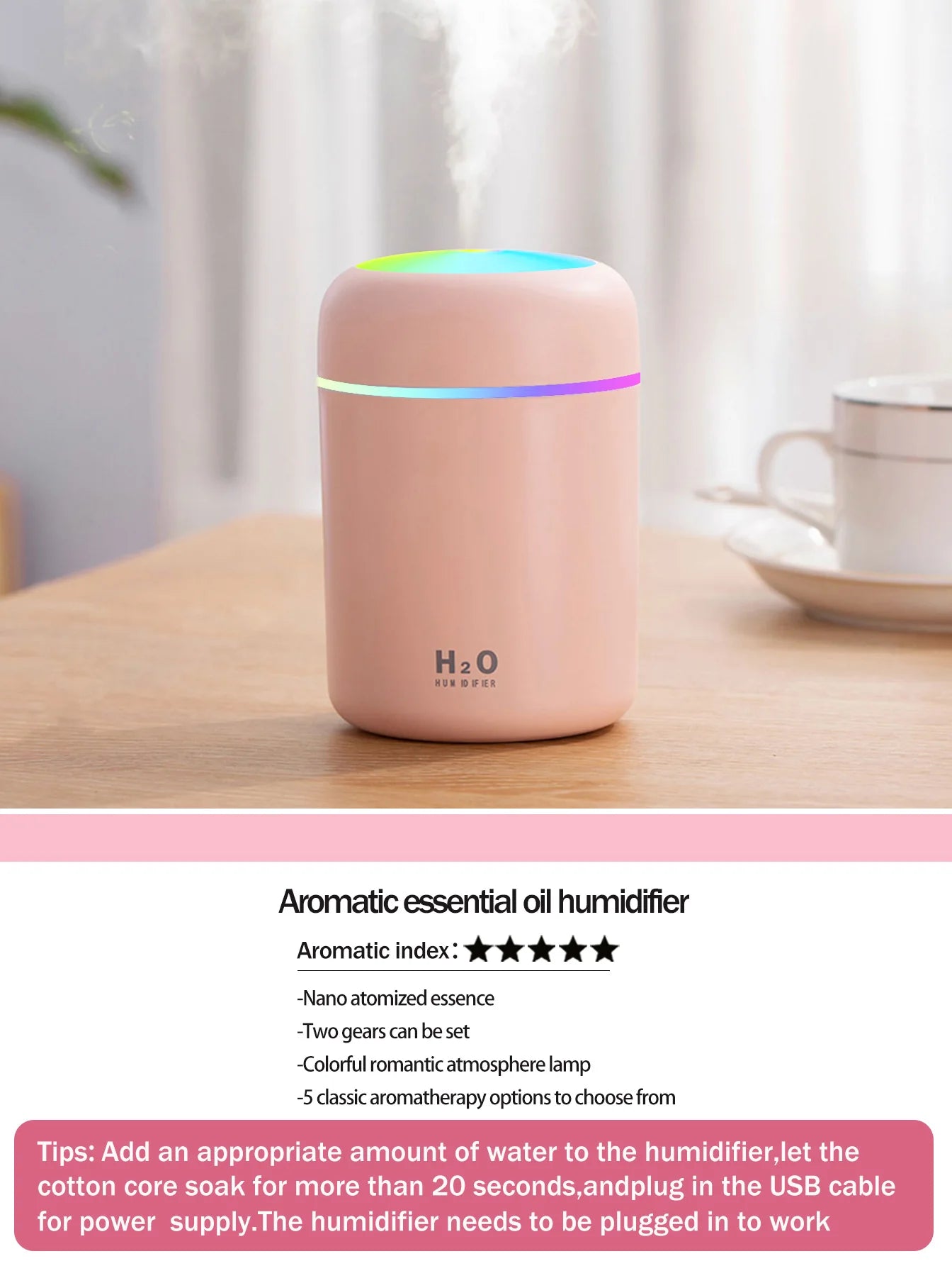 300ml Aromatherapy Diffuser Humidifier Air Purifier Car Home Use Seven-color Light Aromatherapy Essential Oil