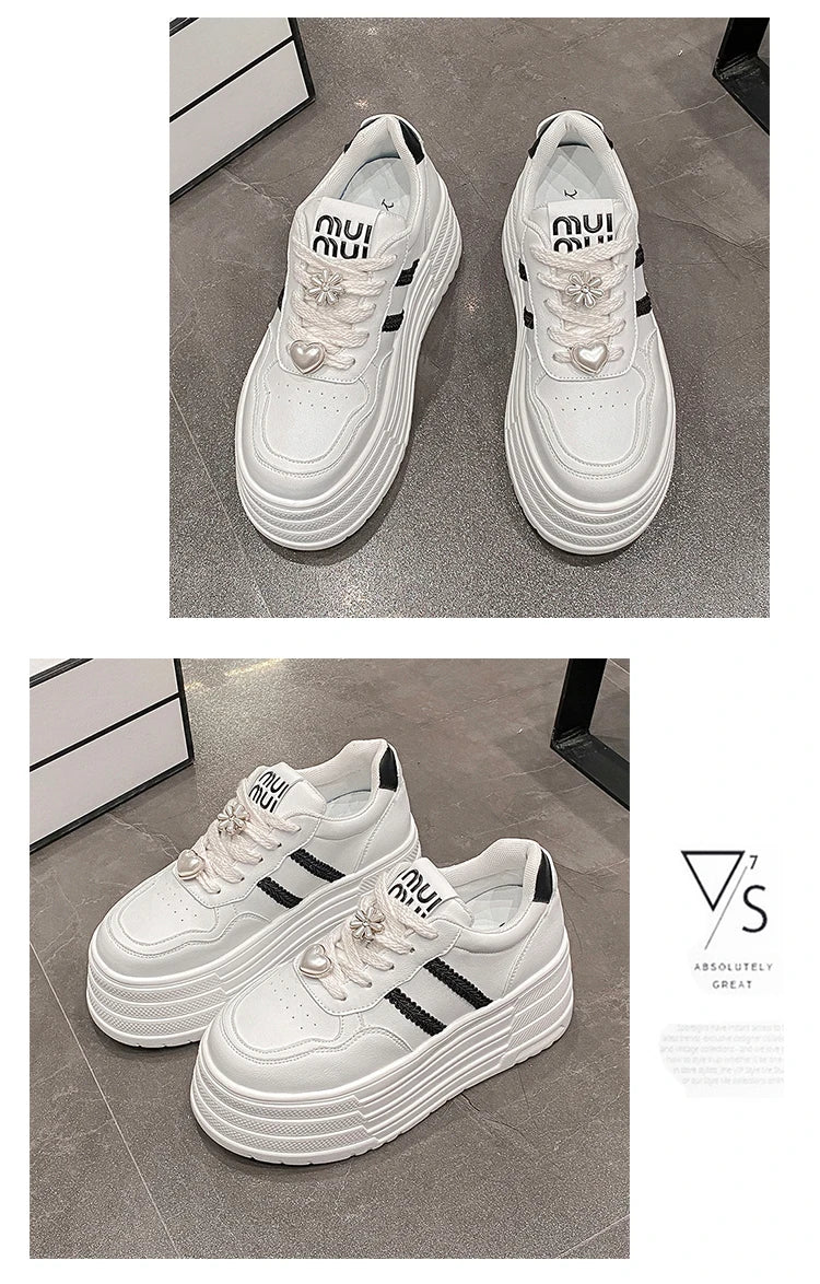 8cm Leather Flats Casual Dad Shoes Chunky Sneakers 2025 Women Platform Sports Shoes Ladies Skateboard Hidden Heels Shoes Tennis