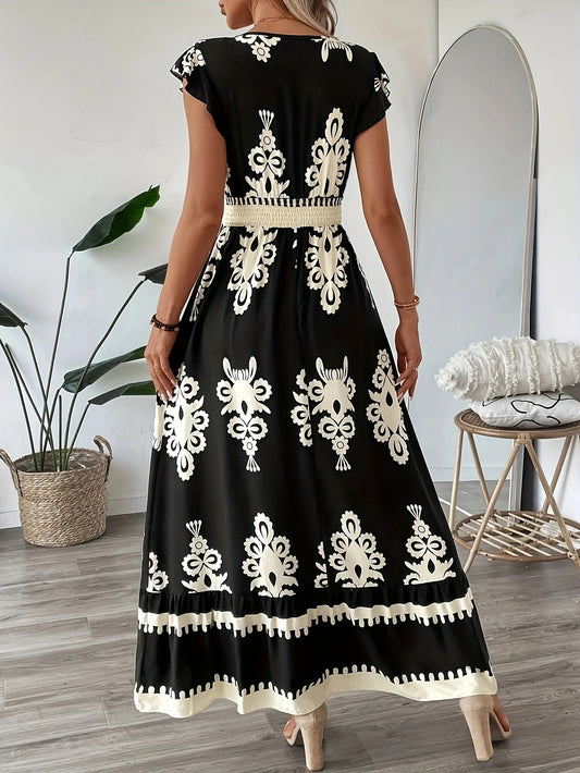 Plus size feminino elegante decote em v maxi vestido padrão geométrico manga curta saia plissada poliéster casual passeio