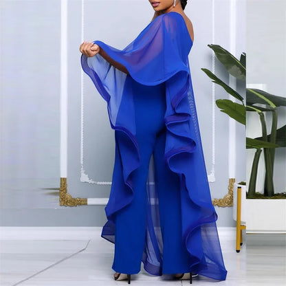 Elegant Chiffon One Shoulder Wide Leg Jumpsuit Women Club Party Birthday Outfits One Pieces Rompers Overalls Combinaison Femme