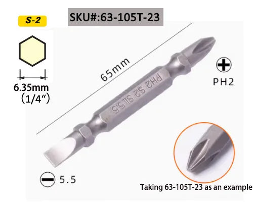 Stanley-Long Precision Parafusadeira Bits, à prova de choques, Phillips, ranhura, PH2, broca de bits, 1/4 bit, HRC60, ± 2 S2, 110mm, 65mm