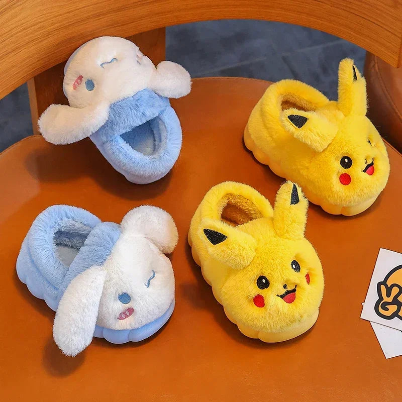 Winter Cute Cartoon Cover Heel Children's Fluffy Slippers Soft Non-slip Warm Flat Mule Boys Girls Teen Indoor Home Cotton Shoes