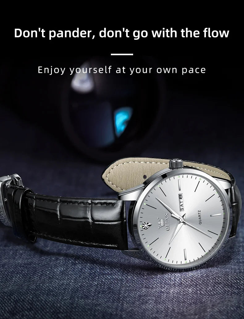 OLEVS 2935 Dual Calendar Quartz Dress Watch For Men Simple Original Leather Men's Watches Waterproof Luminous Business Hand Clock