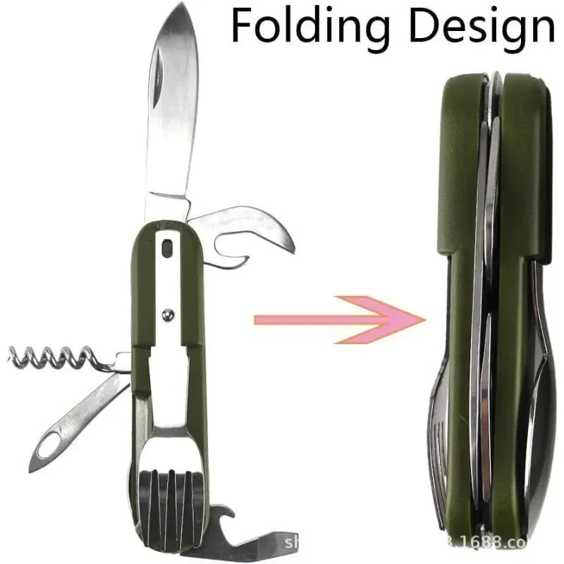 Vajilla multifuncional 7 en 1 para exteriores, herramientas de supervivencia, tenedor plegable de acero inoxidable, cuchara, cuchillo, vajilla para Picnic y acampada