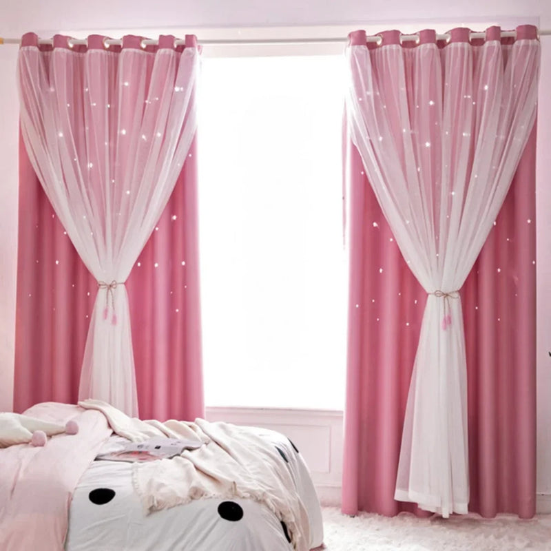 Kids Girls Bedroom Pink Curtains Star Cutout Blackout with White Sheer Pastel Nursery Window Curtain Panels for Living Room Home