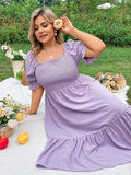 Plus Size Women's Pure Color Wrap Ruffle Hem Midi Dress Square Neck Backless Short Sleeve Dress Elegant temperament