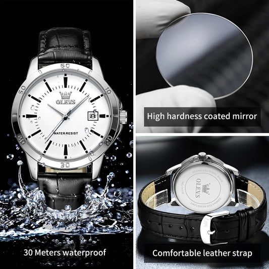 Reloj OLEVS para hombre, correa de cuero, resistente al agua, de cuarzo, sencillo, con calendario, de pulsera, exclusivo, nuevo