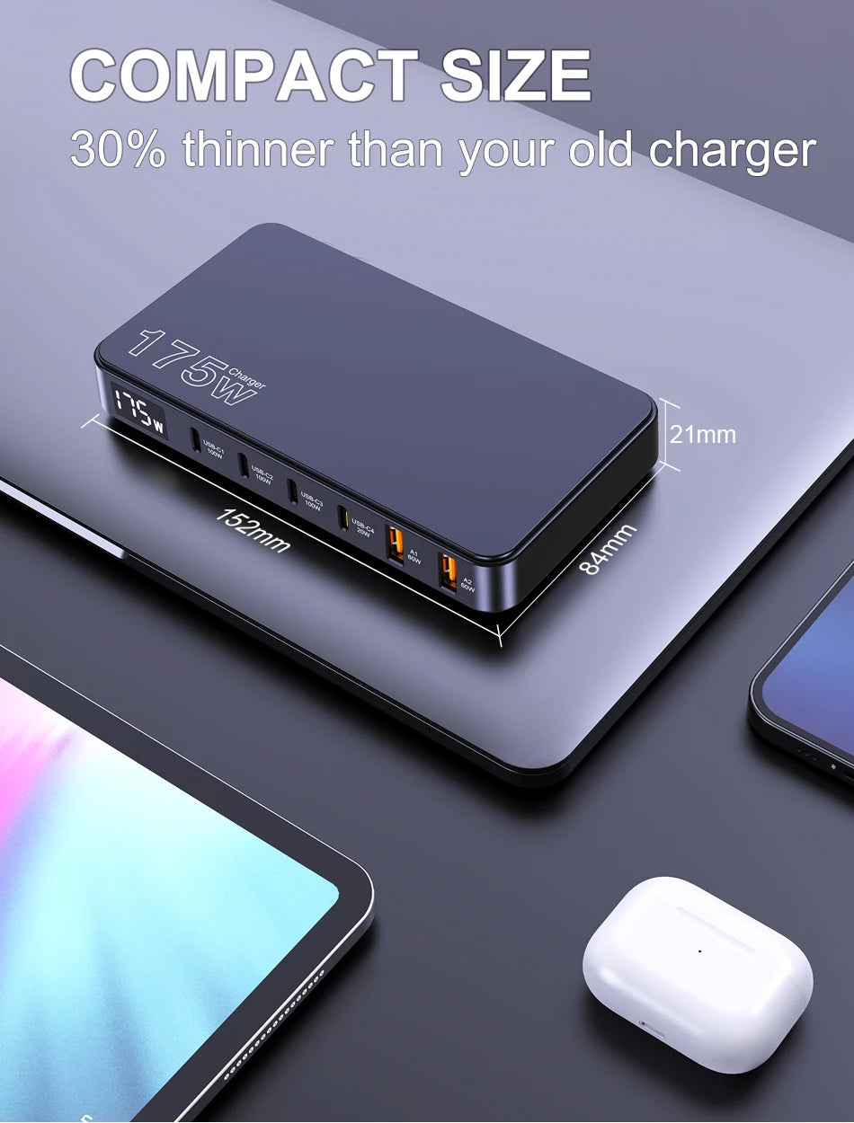 Ueetop 175W GaN USB C Charger LED Display 6-Port Desktop Charger Type C PD 100W PPS 45W Fast Charging for MacBook Samsung iPhone