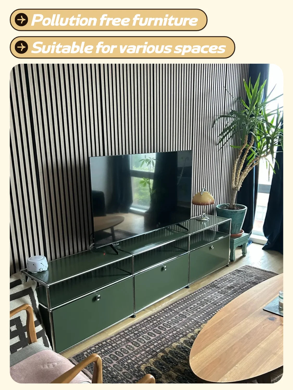 Modern Modular Low TV Cabinet｜3-Tier Sideboard with Drop Doors｜Steel Frame Storage Bench Unit | Minimalist Low Media Console