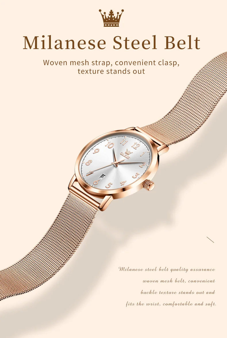 OLEVS 5653 Woman Watches Elegant Original Quartz Watch Waterproof Arabic Numerals Mesh Belt Date Ladies Watch Set Bracelet Watch