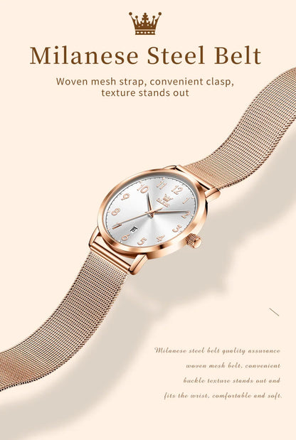 OLEVS 5653 Woman Watches Elegant Original Quartz Watch Waterproof Arabic Numerals Mesh Belt Date Ladies Watch Set Bracelet Watch