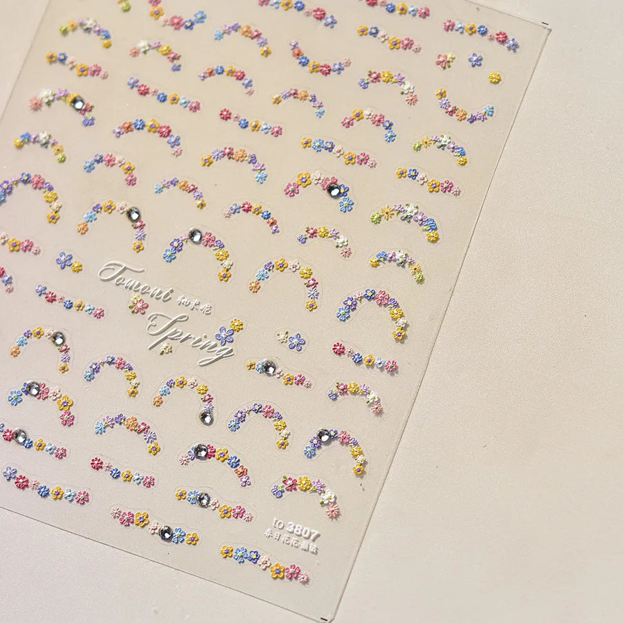 Colorful Sparkling Glass Fragment Spring Wildflowers High Quality Adhesive Flash Nail Stickers Art Decorations Design T-3784