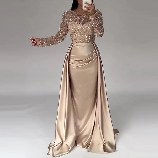 Vestido de noche de lentejuelas de manga larga para banquete de lujo, temperamento, cuello redondo, vestido de fiesta elegante con patchwork, vestido plisado delgado para Año Nuevo 2025
