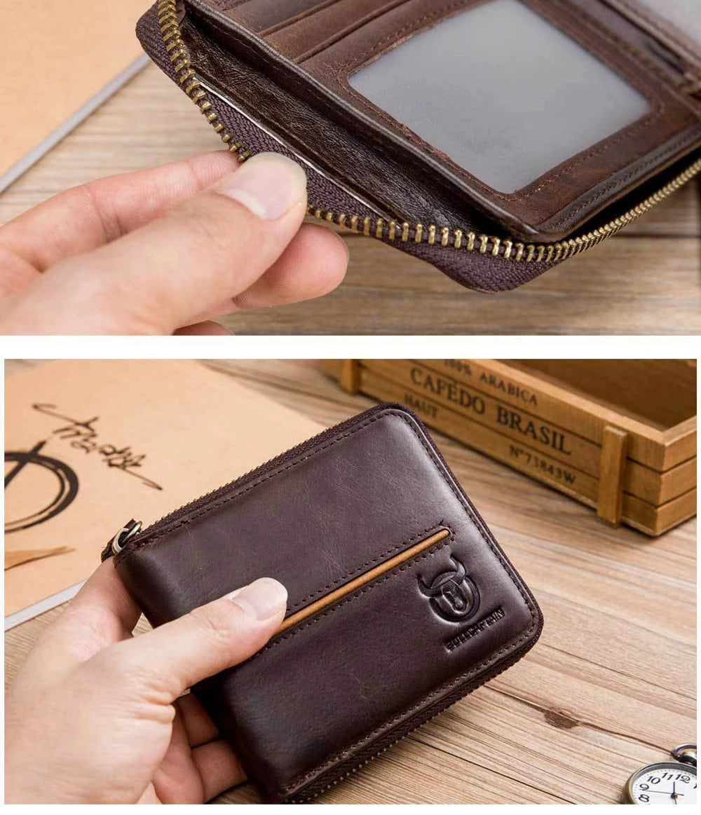 Bullcaptain Genuine Leather Men's Short Wallet Casual Men's Coin Purse Vintage Male Zipper Card Holder Luxury Money Bags JYB022
