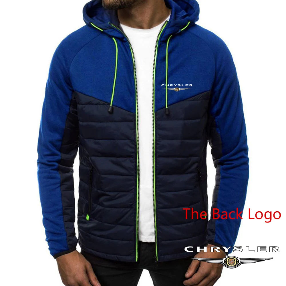 CHRYSLER 2022 Men's New Winter Hooded Cotton Jacket Casual Slim Fit Patchwork Zipper Coat Long Sleeves Warm Oversized Coat Tops