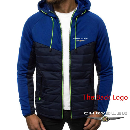 CHRYSLER 2022 Men's New Winter Hooded Cotton Jacket Casual Slim Fit Patchwork Zipper Coat Long Sleeves Warm Oversized Coat Tops