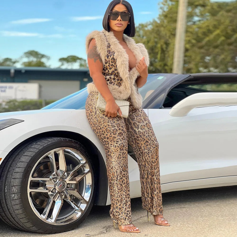 CM.YAYA Conjunto de mujer sin mangas de piel de leopardo con lentejuelas, cuello en V, chaleco de lana y pantalón, conjunto de 2 piezas Street Two 2024, chándal