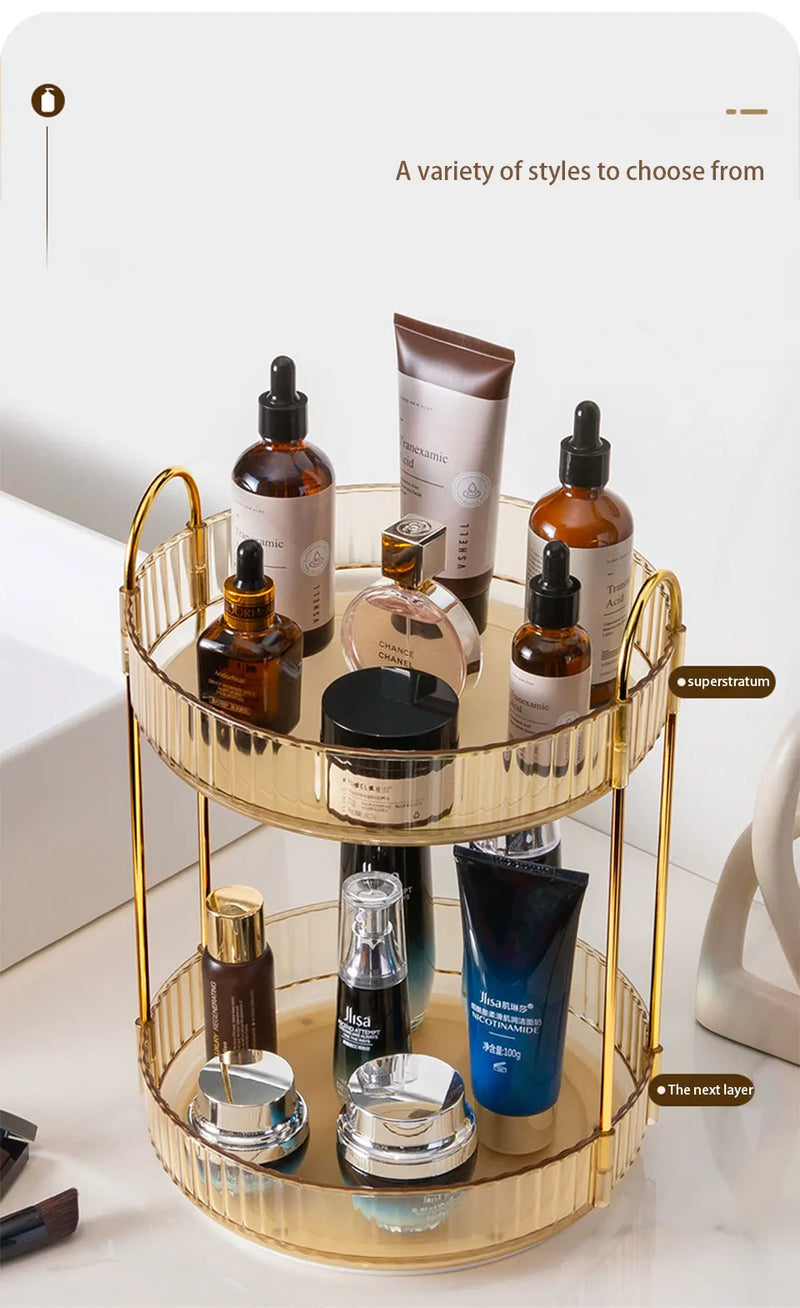 Organizador de maquillaje giratorio para tocador, organizador de 3 niveles para el cuidado de la piel, gran espacio de almacenamiento para encimera de baño, soporte transparente para cosméticos, tocador