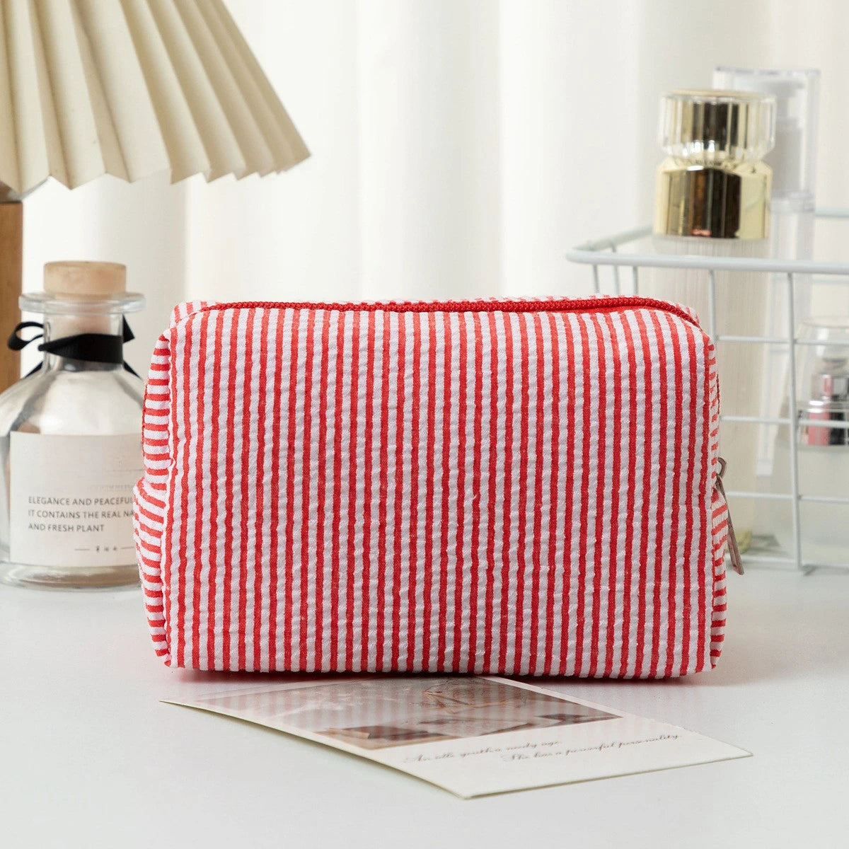 Stripe Seersucker Cosmetic Bag Fashion Women Cosmetic Bag Zipper Storage Makeup Case Traveling Pouch Organizer for Lady
