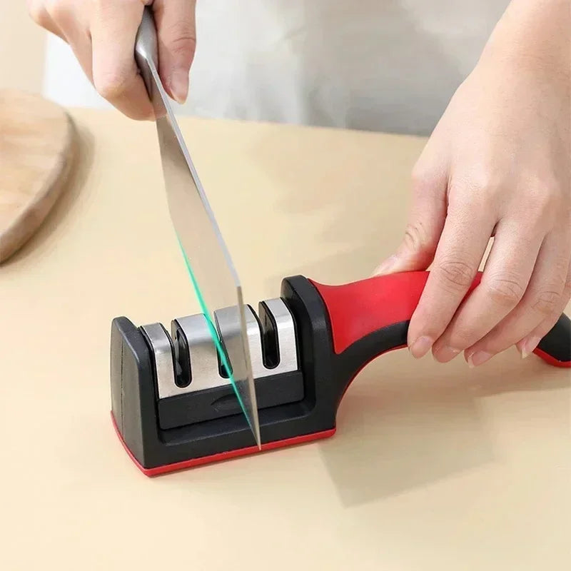 Afilador de cuchillos de 3 segmentos, afilador de cuchillos de cocina, piedra de afilar de acero inoxidable de tres usos para utensilios de cocina.
