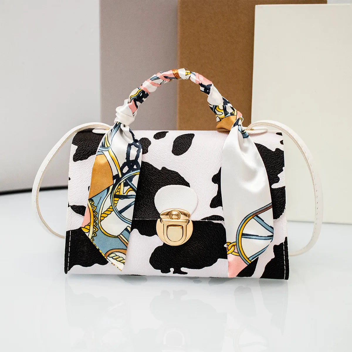 Casual Versatile Floral Print Shoulder Bag Simple Design Silk Scarf Handbag Fresh Sweet Style PVC Material Small Square Bag