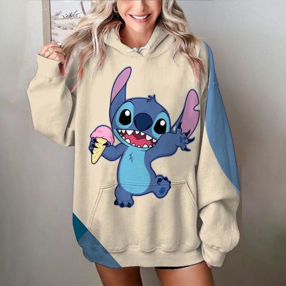 Disney stitch impressão dos desenhos animados camisola com capuz jaqueta roupas com capuz design oversize sentimento solto e confortável