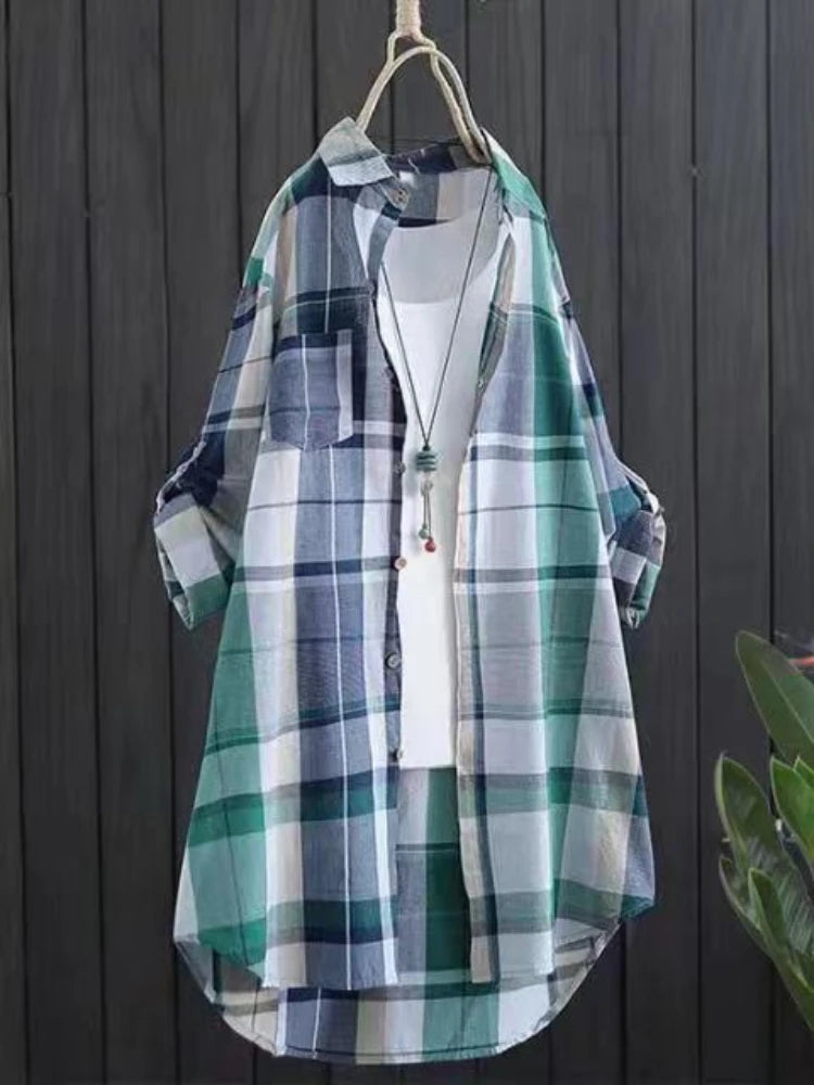 Blusas de algodón a cuadros de longitud media para otoño, informales, nuevas, con botones sueltos, para mujer, moda coreana, camisa elegante de manga larga para invierno