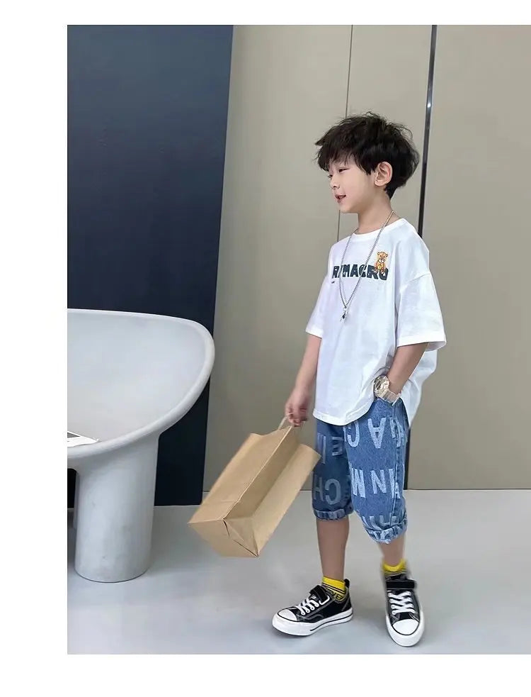 Camiseta de manga corta de verano para niños, Top de cuello redondo para niños pequeños y medianos, moda informal versátil de media manga