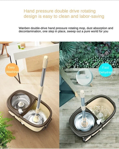 Flat Squeeze Mop 360 Degree Rotatable Stainless Steel Basket Microfiber Pads Cleaning Floor Mop Bucket Extended Handle Home