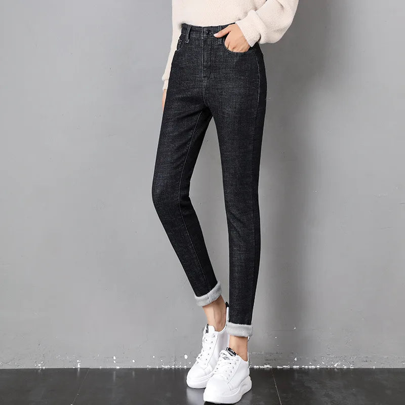 2023 Mujeres Jeans Térmicos Invierno Nieve Cálido Felpa Elástico Jeans Señora Skinny Espesar Polar Denim Pantalones Largos Retro Lápiz Pantalones