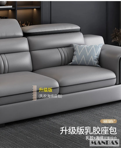MINGDIBAO Leather Sectional Sofa Set with Cup Holder, USB, Adjustable Headrests & Bluetooth Speaker Living Room Couch with Stool