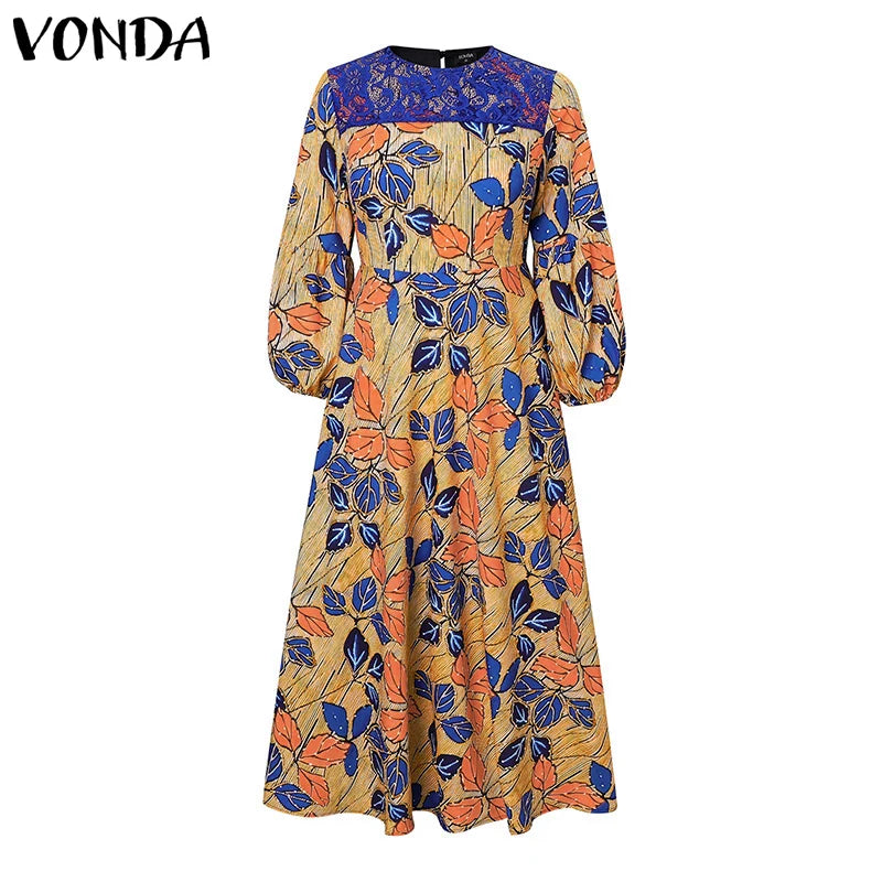 Plus Size VONDA Women Bohemian Maxi Dresses 2024 Casual Floral Printed Sundress Lace Patchwork Round Neck Elegant Robe Vestido