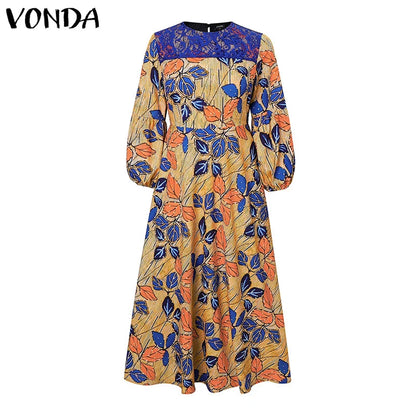 Plus Size VONDA Women Bohemian Maxi Dresses 2024 Casual Floral Printed Sundress Lace Patchwork Round Neck Elegant Robe Vestido