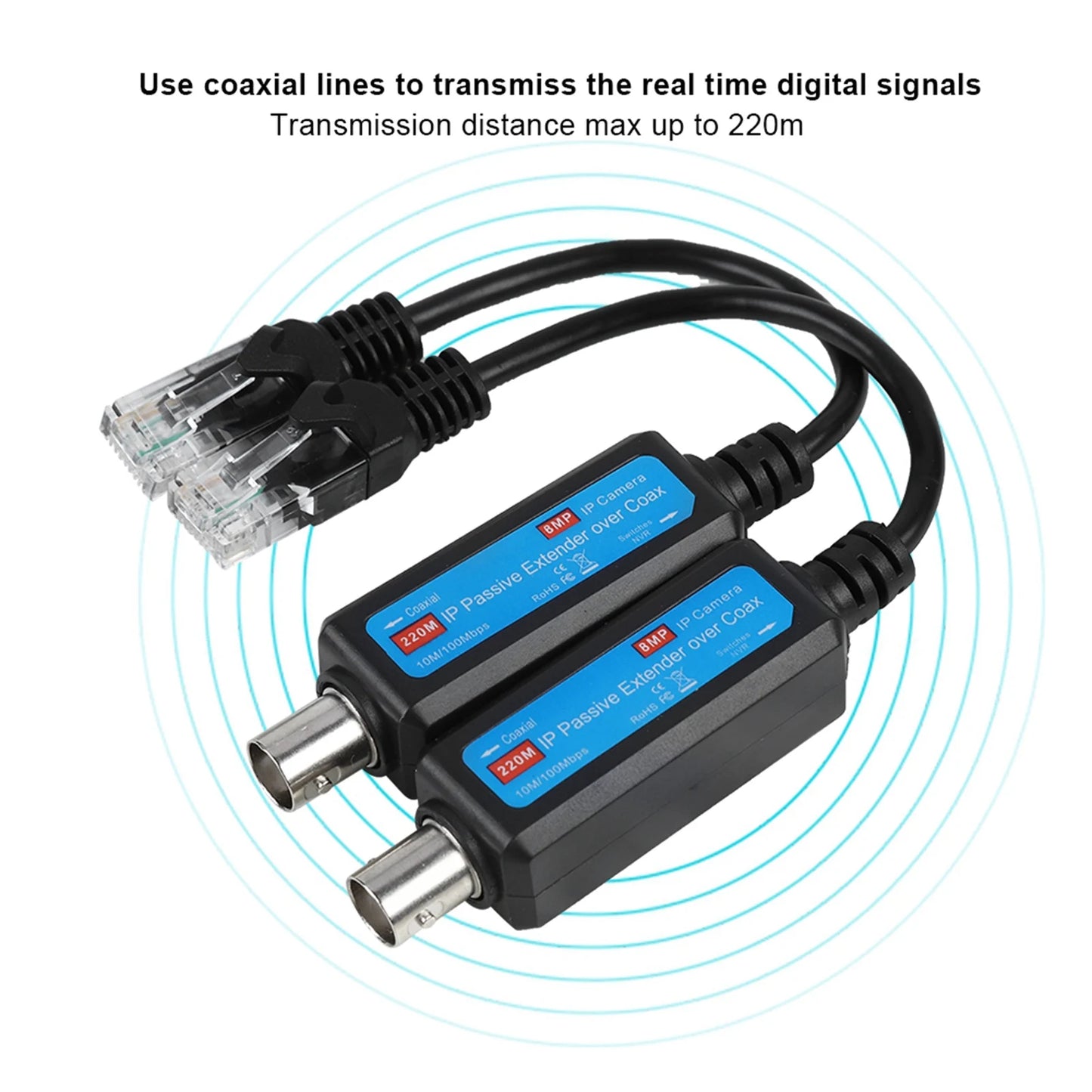 1 par de extensores de transmisor y receptor coaxial de red IP pasiva de 1 canal y 10/100 Mbps para cámaras NVR IP.