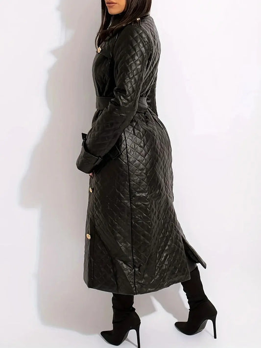 Abrigo largo de piel sintética negra con doble botonadura y diseño lujoso de invierno para mujer, gabardina de calle de calidad con cinturón y talla grande.