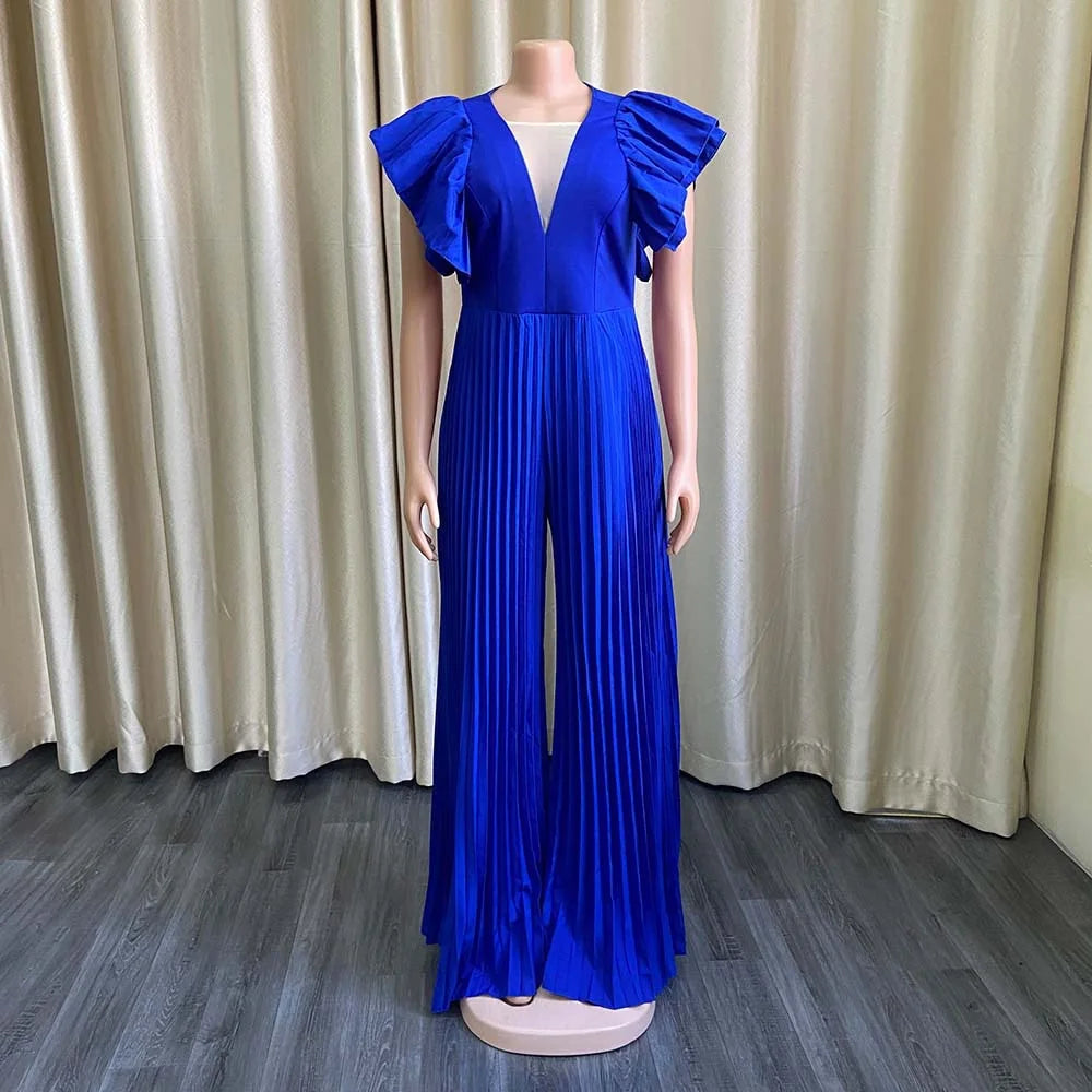 Elegant Pleated Jumpsuits & Rompers for Women V Neck Ruffles High Waisted Loose Floor Length Luxury Female Birthday Party Romper