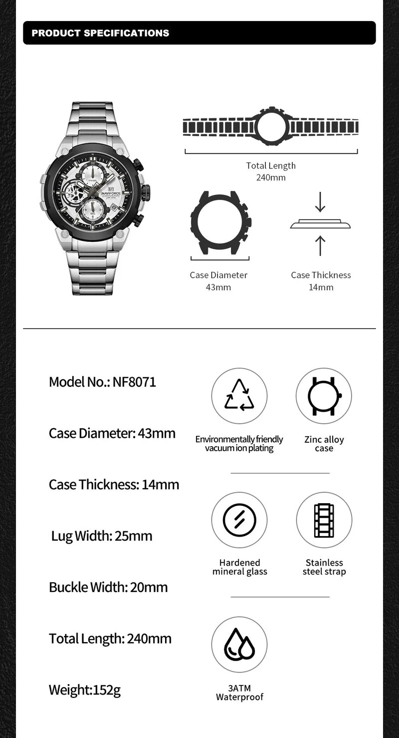 NAVIFORCE Original Watch for man 2025 New Stainless Steel Waterproof Chronograph Classic Quartz Wristwatch Brand Men Watch Gifts